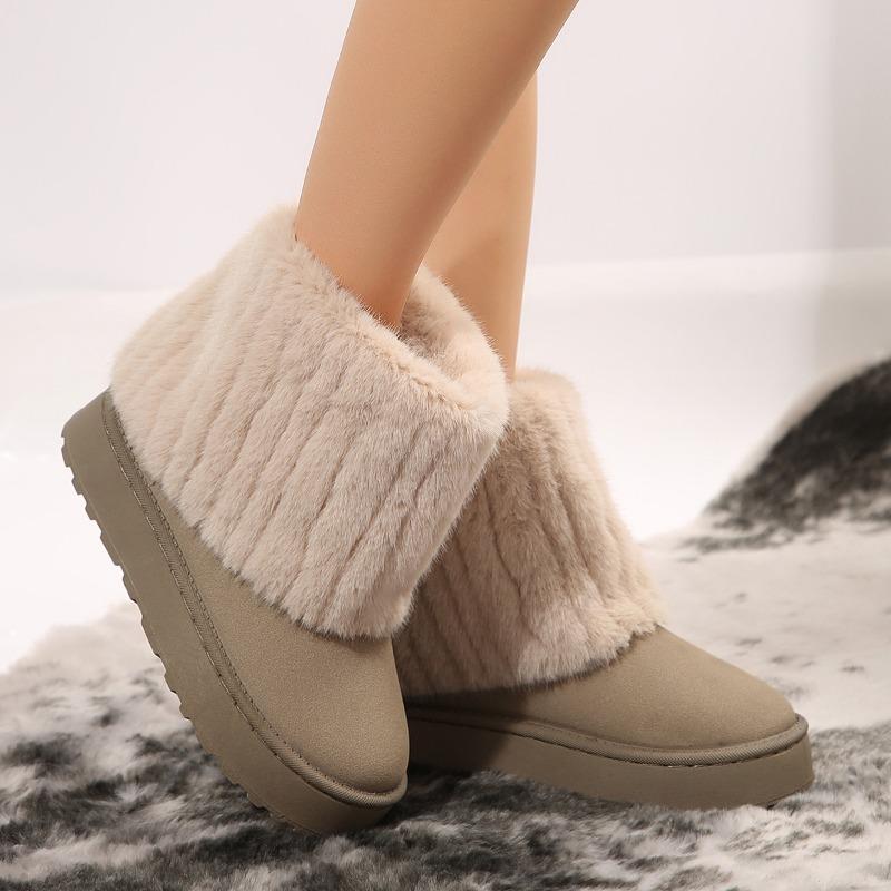 Cotton boots thick-soled round head flanged hairy trousers mid-tube women's boots autumn and winter new foreign trade large-size women's snow boots