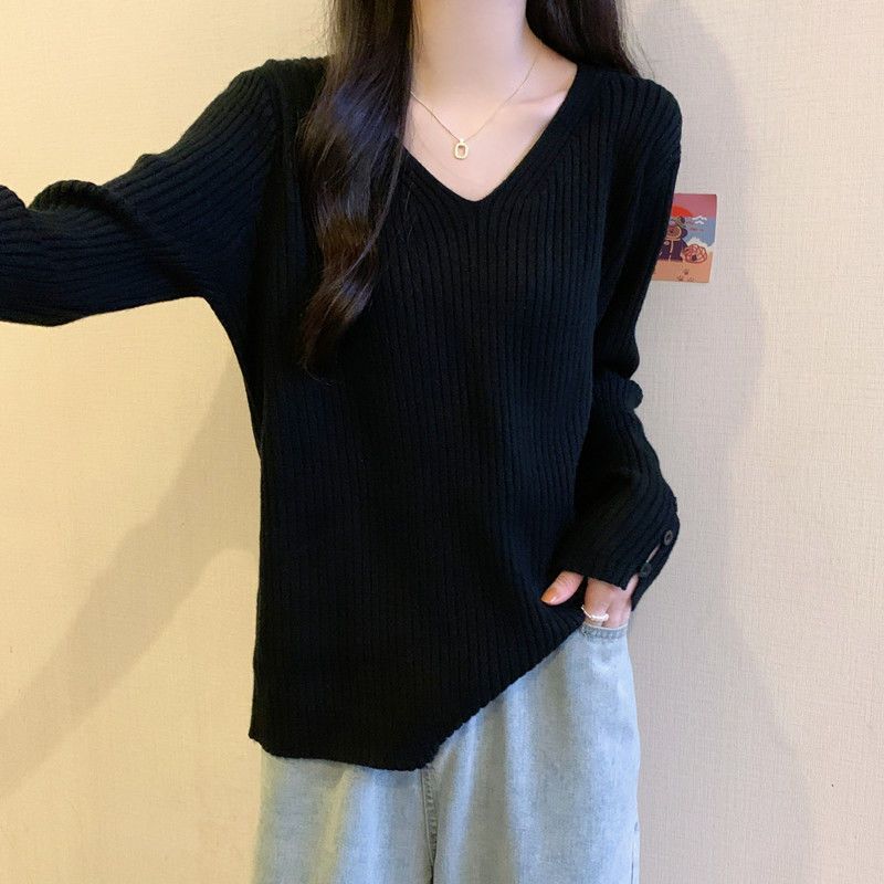 Pulover de damă de toamnă și iarnă din tricot largi, cu decolteu în V de culoare uni, top simplu