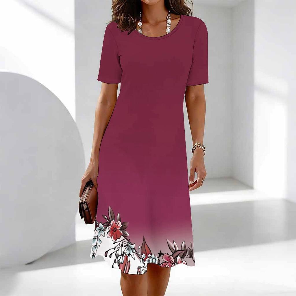 Women's Fashion Graceful Beautiful Flower Print Summer Spring Short Sleeve O-Neck Casual Dresses