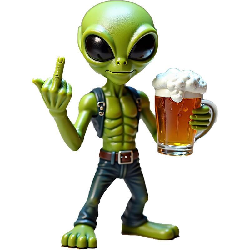 Funny Alien Statue Sculpture - Resin Beer Drinking Alien Resin Vivid Expression Waterproof For Garden Middle Finger  Alien