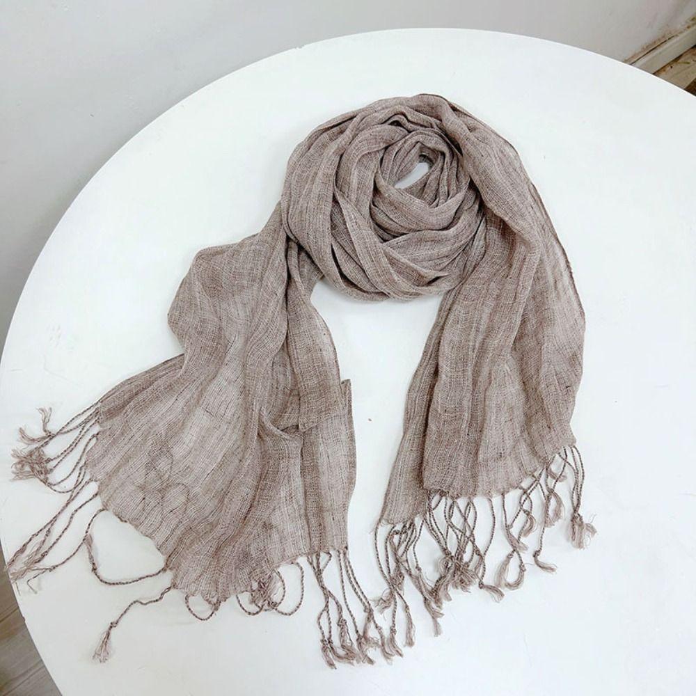 Long Tassel Sun Protection Wrap Solid Color Neck Scarf Casual Pure Linen Scarf Spring Summer