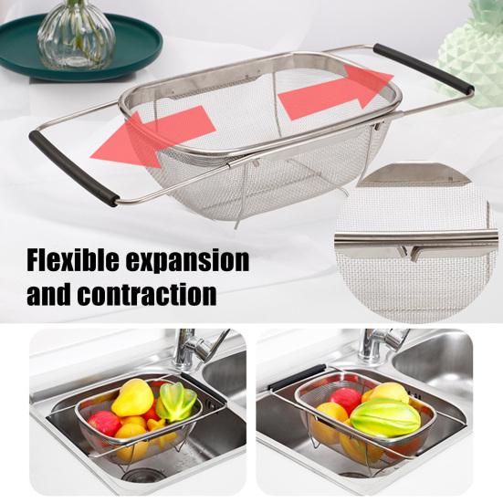 Over The Sink Colander Stainless Steel Fine Mesh Strainer with Expandable Rubber Grip Handle Oval Colander for Kitchen Draining Rinsing Straining