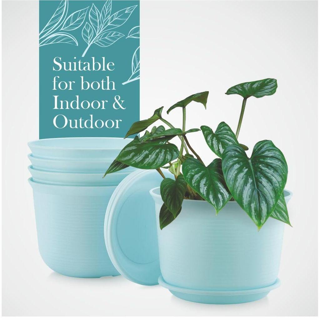 10 Inch Plastic Round Flower Pots with Tray for Home Planters, Terrace, Garden Etc | Pack of 05 | Blue | for Home Indoor & Outdoor Gardening Plants