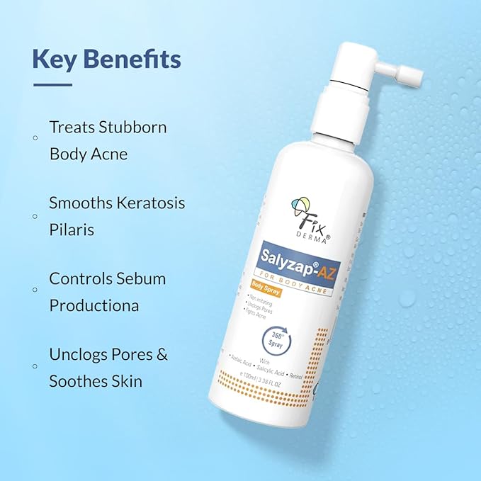 Fixderma Salyzap-Az 100 ml 2% Salicylic Acid + 2% Azelaic Acid Unscented Spray For Acne prone skin On Body Parts Like Back, Upper Arms