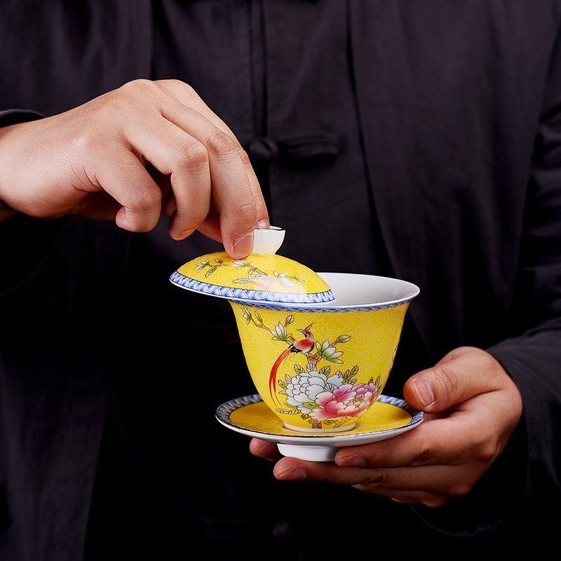 Handmade Sancai Enamel Gaiwan Tea Cup Set with Lid & Saucer, White Porcelain Kung Fu Tea Bowl