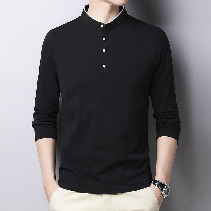 Youth Men's Trendy Long-Sleeve Stand-Up Collar Polo Cotton Shirt