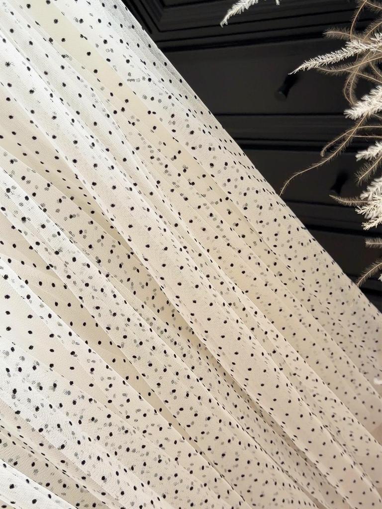 Korean Polka Dot High-Waisted Mesh Midi Skirt, Spring/Summer 2026, Elegant A-Line with Drapey Wide Hem.