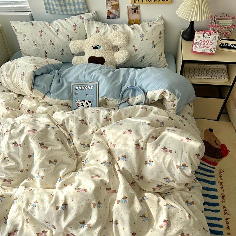 Cartoon Pattern Printed Super Soft Bedding Sets Washed Cotton Cozy Breathable Bedsheet with Pillowcase Adult Child Comfort Set
