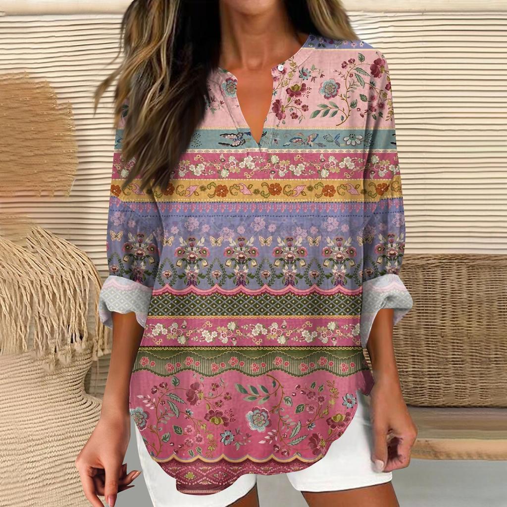 Dámské tričko s potiskem s dlouhým rukávem pro každodenní nošení a víkendovou módu, základní top s výstřihem do V a zakřiveným lemem, běžného střihu