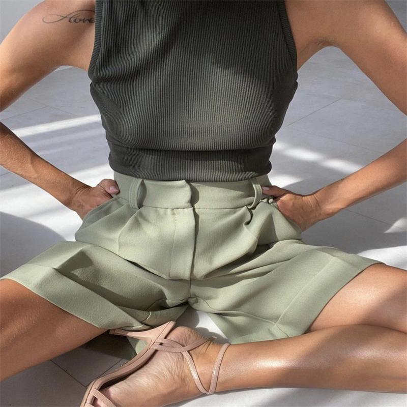 Hirsionsan High Waist Shorts Women 2021 New Summer Casual Elegant Soft Pants with Sashes Loose Shorts with Pockets for Ladies