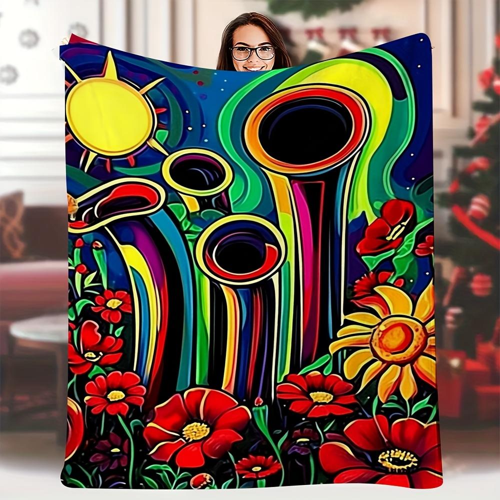 

1pc Extra Large 60x80 Inch Soft Single-Sided Printed Blanket - Vintage Psychedelic Floral pipes & flowers in Neon Colors 70x100cm28x39in