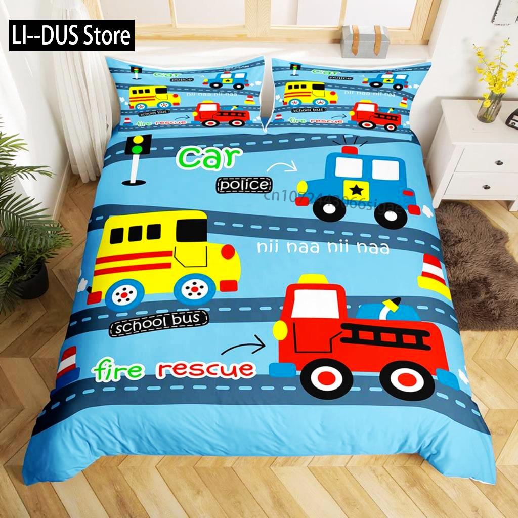 Fire Truck Duvet Cover Set Twin Size Red Firemen Car Vehicle Bedding Set Fire Engine Pattern For Boys Tire Printing Quilt Cover