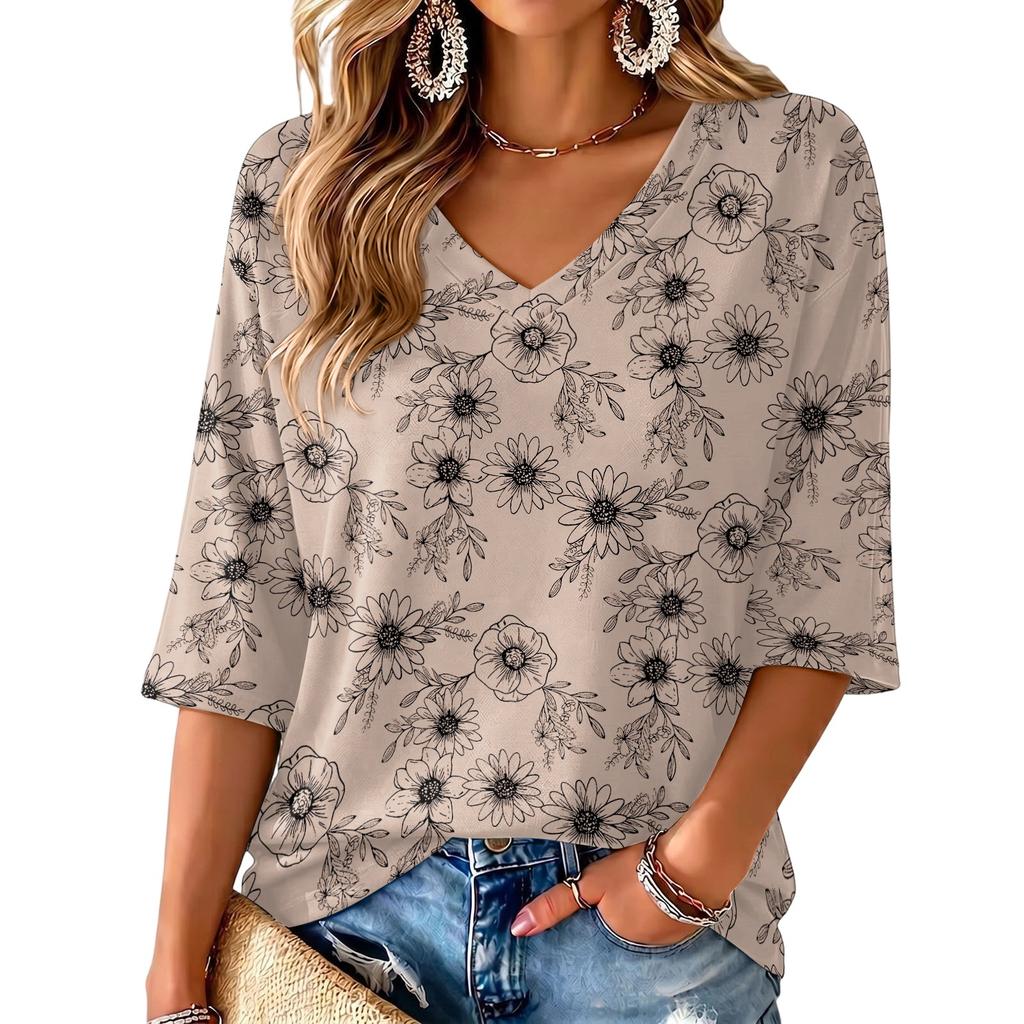Women's Floral Print V-Neck Blouse Lightweight for Spring and Summer