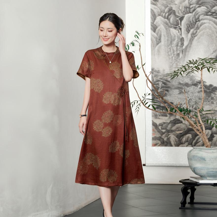 

Красно-коричневое диагональное платье из тутового шелка, ретро красная юбка из шелка с принтом из облачной пряжи 4XL тёмно-рыжий