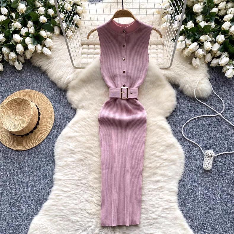 RUGOD European and American Dress Women's New Breasted Lace-up Waist and Hips Elastic Knitted Sleeveless Sexy Hip Dress