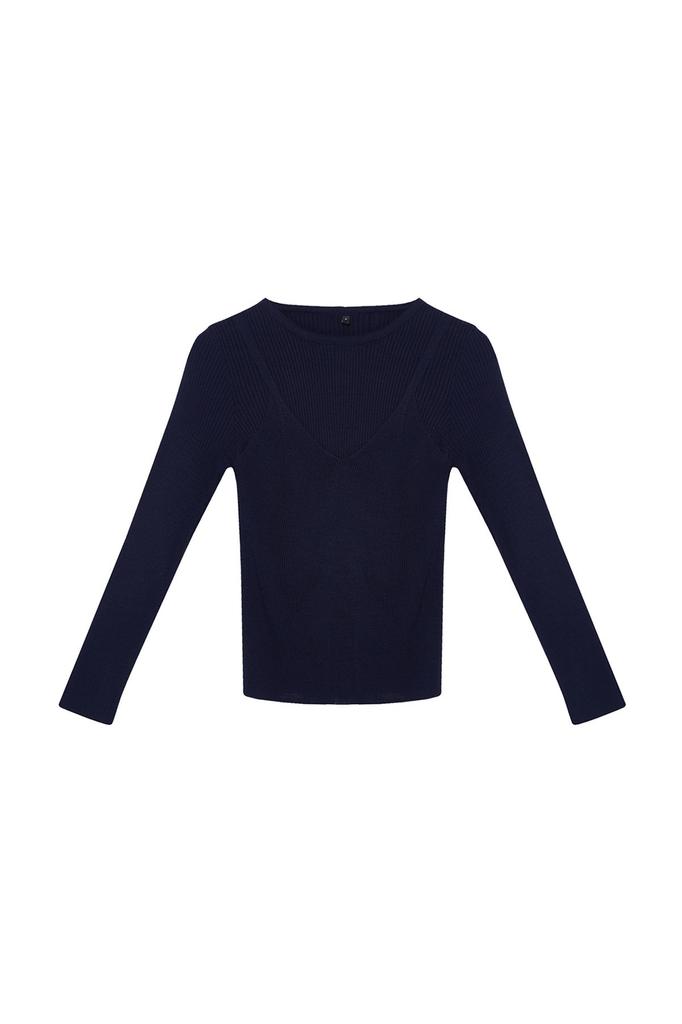 Women's Elegance Style Sweater Navy Blue Basic Double Knitwear Sweater