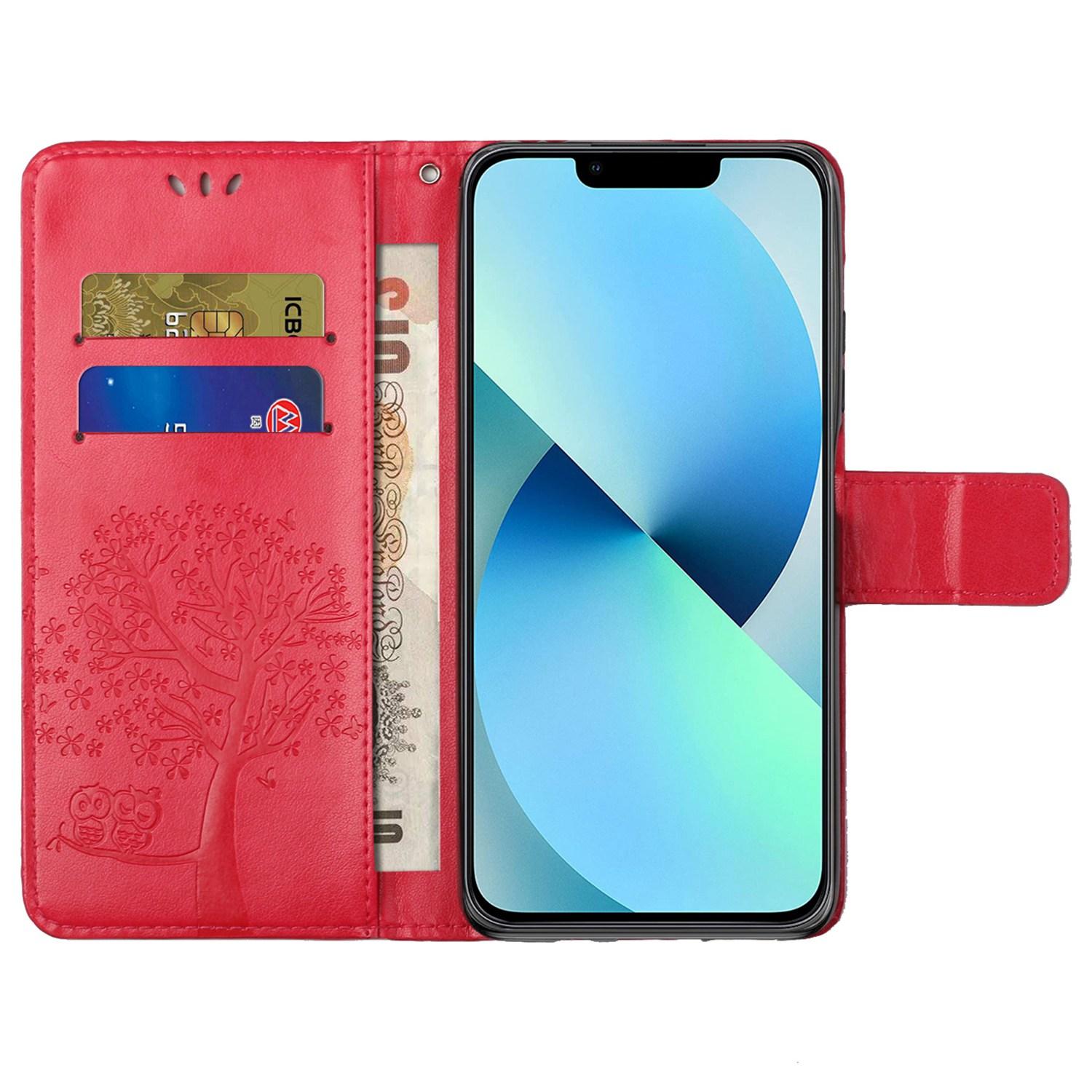 

For iPhone 14 Pro 6.1 inch Anti-fall PU Leather Shell Imprinted Owl Tree Pattern Wallet Stand Feature Shell with Wrist Strap Red
