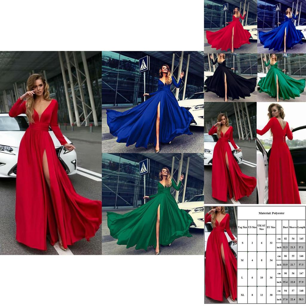 Women Deep V Neck Long Sleeve Slit Prom Gown Dress Elegant Bridesmaid Evening Maxi Dress