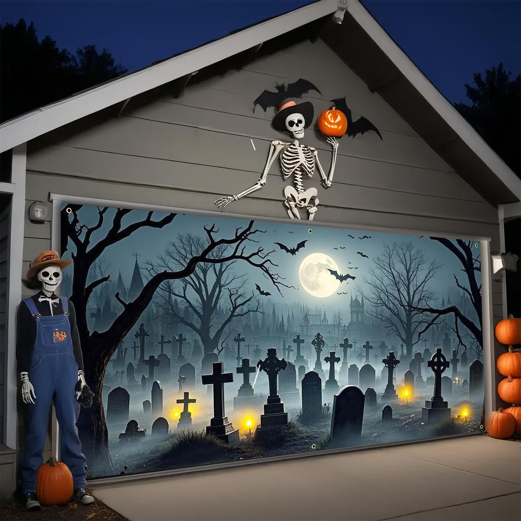 Halloween garage door banner featuring a spooky graveyard scene with bats, full moon and skull decorations