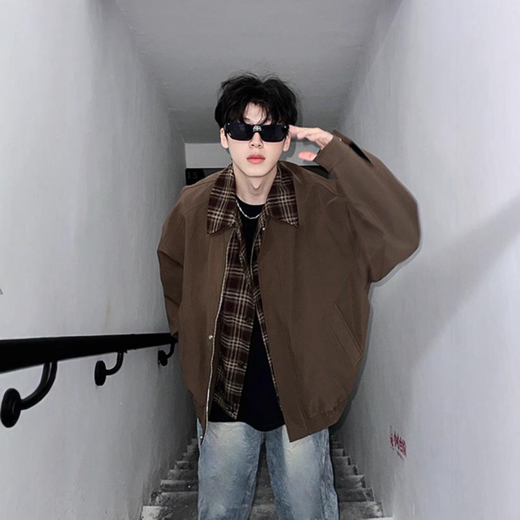 

Vintage vintage brown coat men spring and autumn Maillard wear fake two-piece jacket lapel short baseball jersey 3XL коричневый