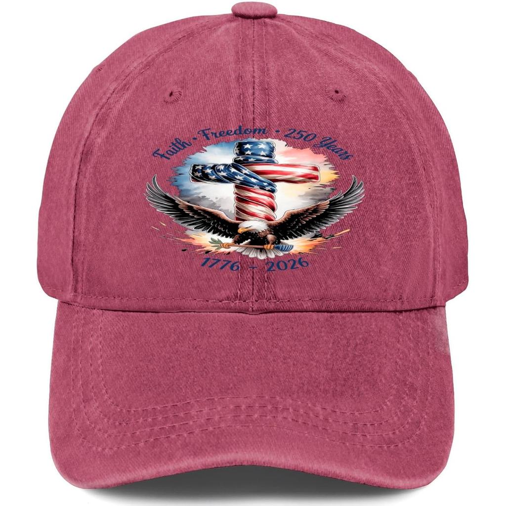 Christian America Th Anniversary Faith Cross Eagle Washed Denim Baseball Cap Adjustable