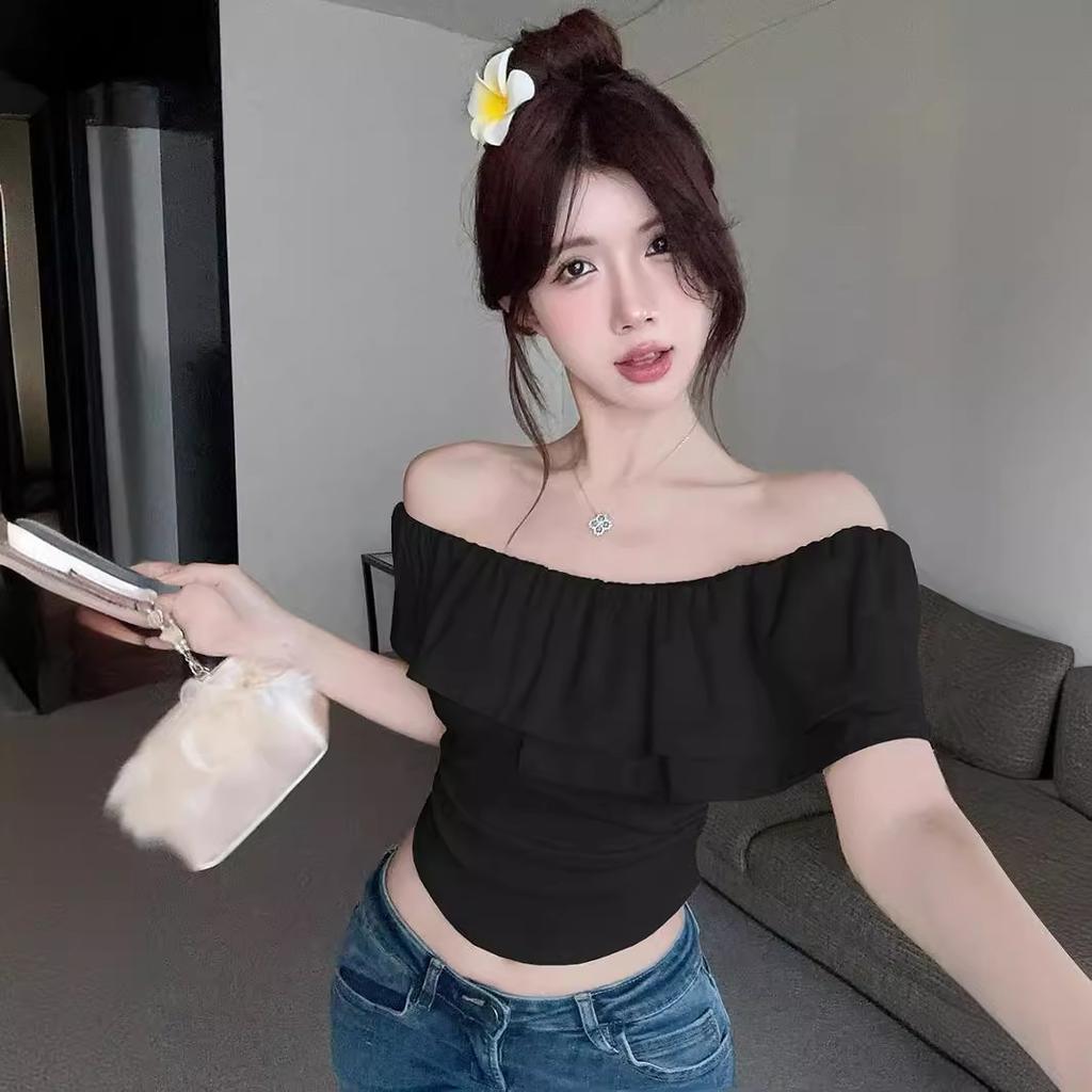 Niche Spice Girl Shoulder Pure Desire Short Sleeve T-Shirt Women's Summer Lotus Leaf Temperament Design Sexy Short Top