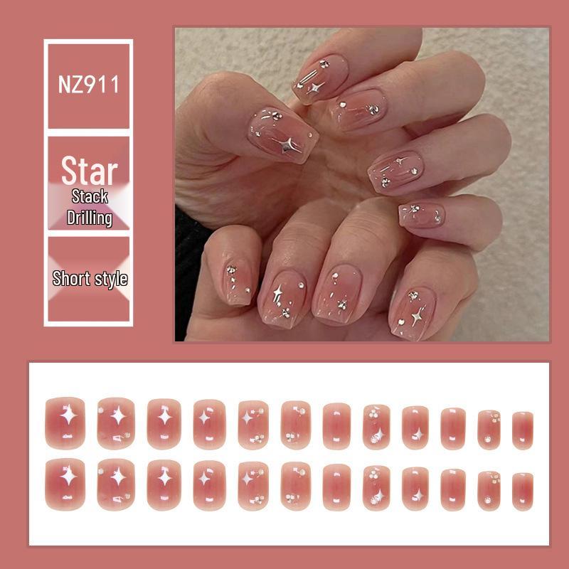 

Милые короткие румяные ногти со звездной бриллиантовой россыпью - 24 съемных студенческих патча для нейл-арта, один размер подходит всем