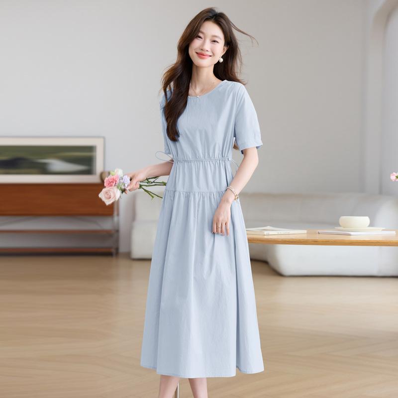 Summer New Fashion Design Sense Simple Skirt Loose Drawstring Waist Thin Short Sleeve Pure Cotton Dress Women