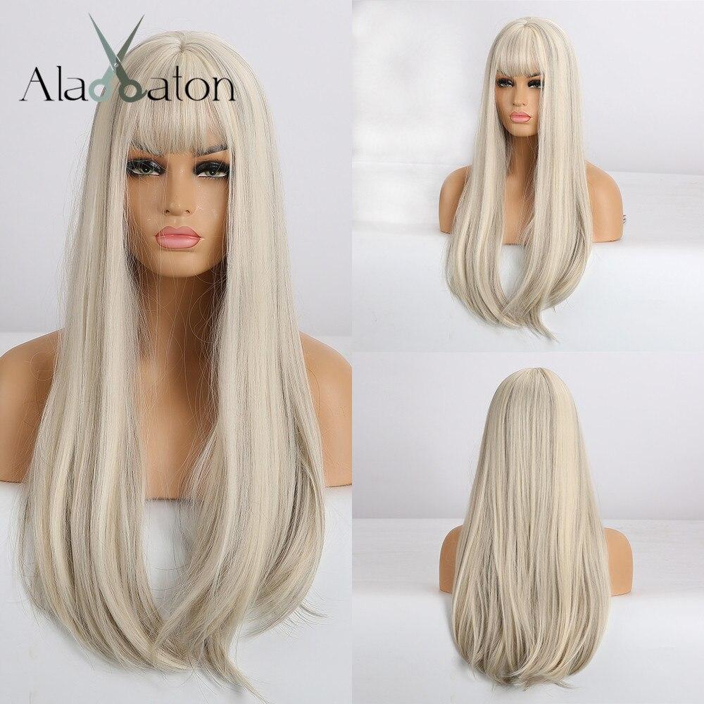 ALAN EATON L Long Straight Wigs Ombre Brown Synthetic Wigs for Women Natural Wigs with Bangs Cosplay Heat Resistant Hair