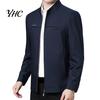 Solid Color Men Coat Spring Fall Stand Collar Mid-aged Father Jacket Long Cardigan Sleeve Smooth Zipper Closure Warm Business Style Pockets Winter