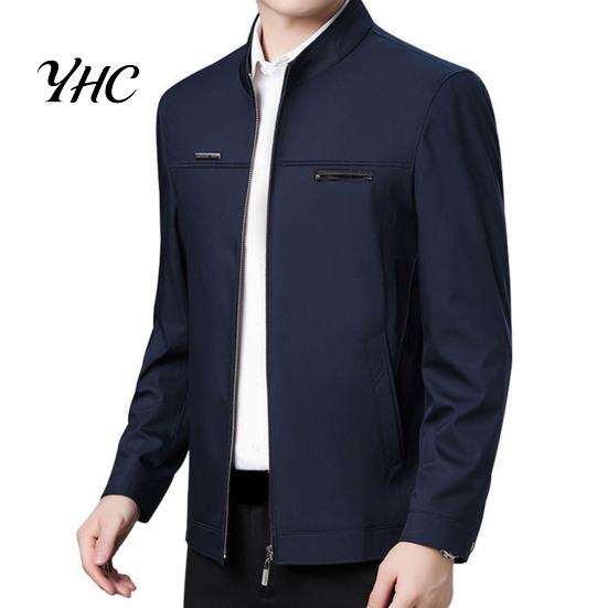 Solid Color Men Coat Spring Fall Stand Collar Mid-aged Father Jacket Long Cardigan Sleeve Smooth Zipper Closure Warm Business Style Pockets Winter