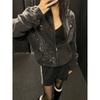 Herren Damen Kapuzenpullover mit durchgehendem Reißverschluss Gewaschener Vintage-Look Mit Strasssteinen Verziert Lockerer Schnitt