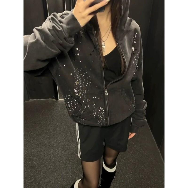 Herren Damen Kapuzenpullover mit durchgehendem Reißverschluss Gewaschener Vintage-Look Mit Strasssteinen Verziert Lockerer Schnitt