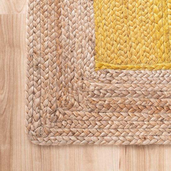 Aizza Trends Indian Handmade Braided Inner Yellow Natural Jute Area Rug- Jute Rug- Dining Room- Living Room