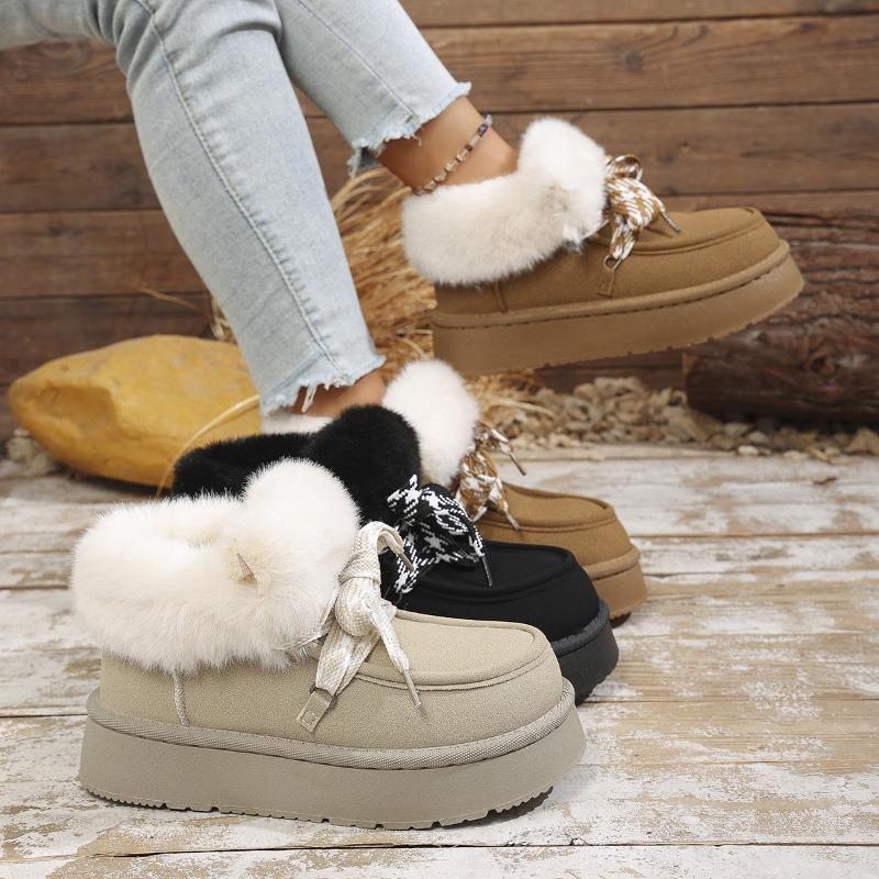 Winter New Lace-up Thick-soled Wool Wool Cotton Shoes 2025 Plus Size Muffin Fleece Warm Snow Boots for Women