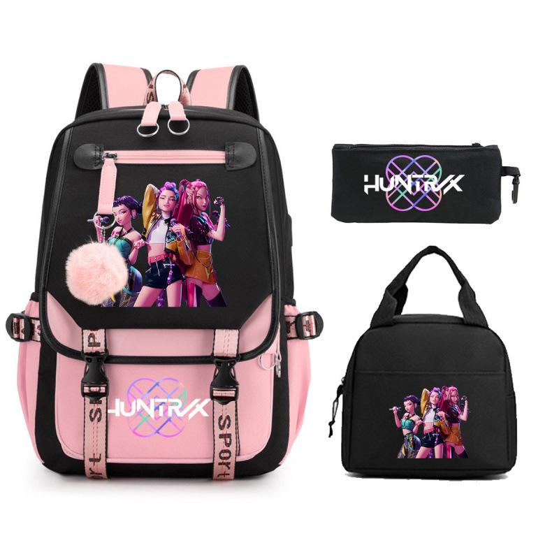 Kpop Witch Hunter Cartoon Printing Student School Bag Children'S Lunch Bag Lunch Box Bag Pencil Bag Three-Piece Set