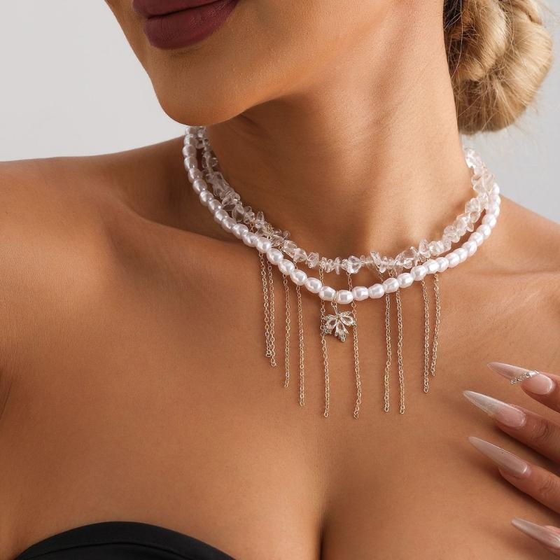 Vintage Pearls Tassels Choker Necklace for Women Elegant Neck Chain Handmade Layered Statement Jewelry Gift