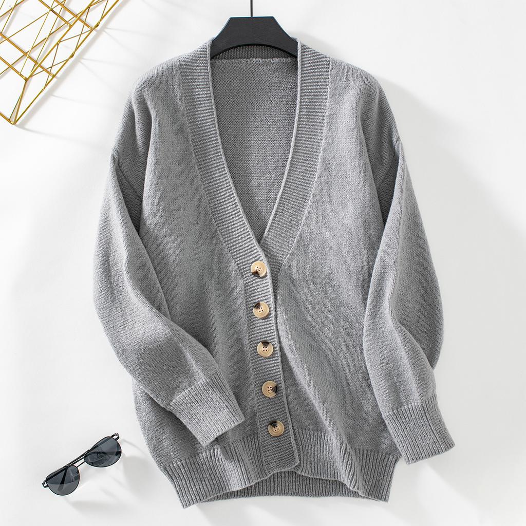 Women European Style Solid Color Single Breasted Thick V Neck Long Sleeve Knit Cardigan Sweater Coat