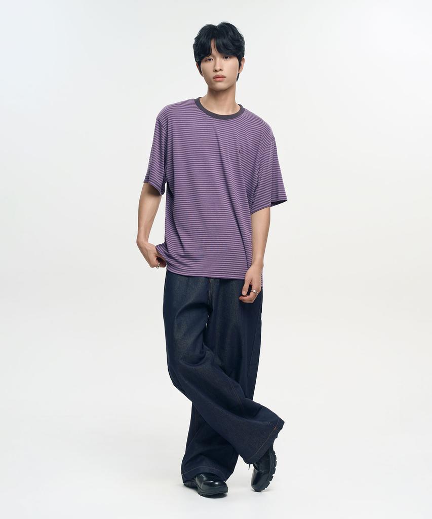 SLOW RECORD HOUSE Striped Short Sleeve T-Shirt_Purple