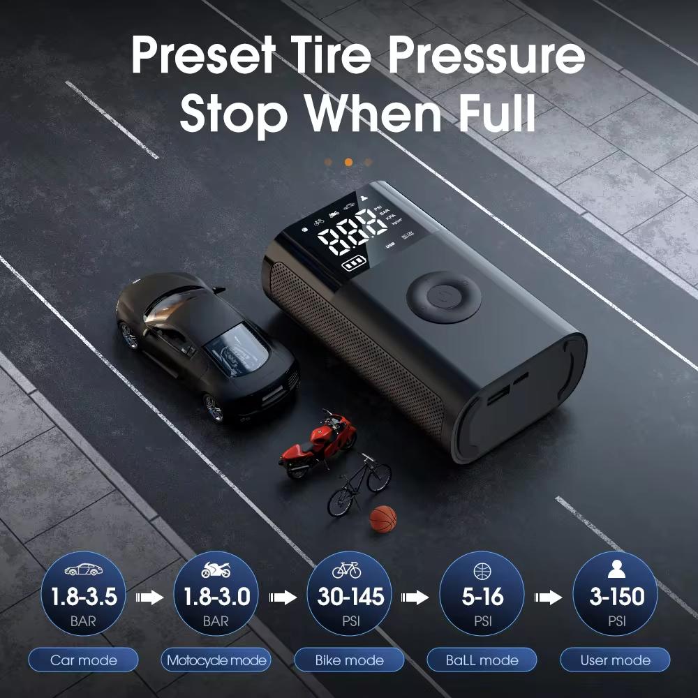 Carsun Portable Inflator Compressor Pump Cordless Electric Tire Pump Smart Digital Display with LED Light for Car Motorcycle Bicycle Tire Ball