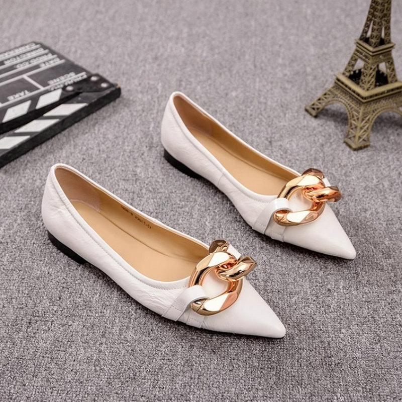 Fashion Flat Shoes for Women 2025 Spring and Autumn New Pointed Toe Metal Chain Fashion Flat Casual Plus Size Women's Shoes