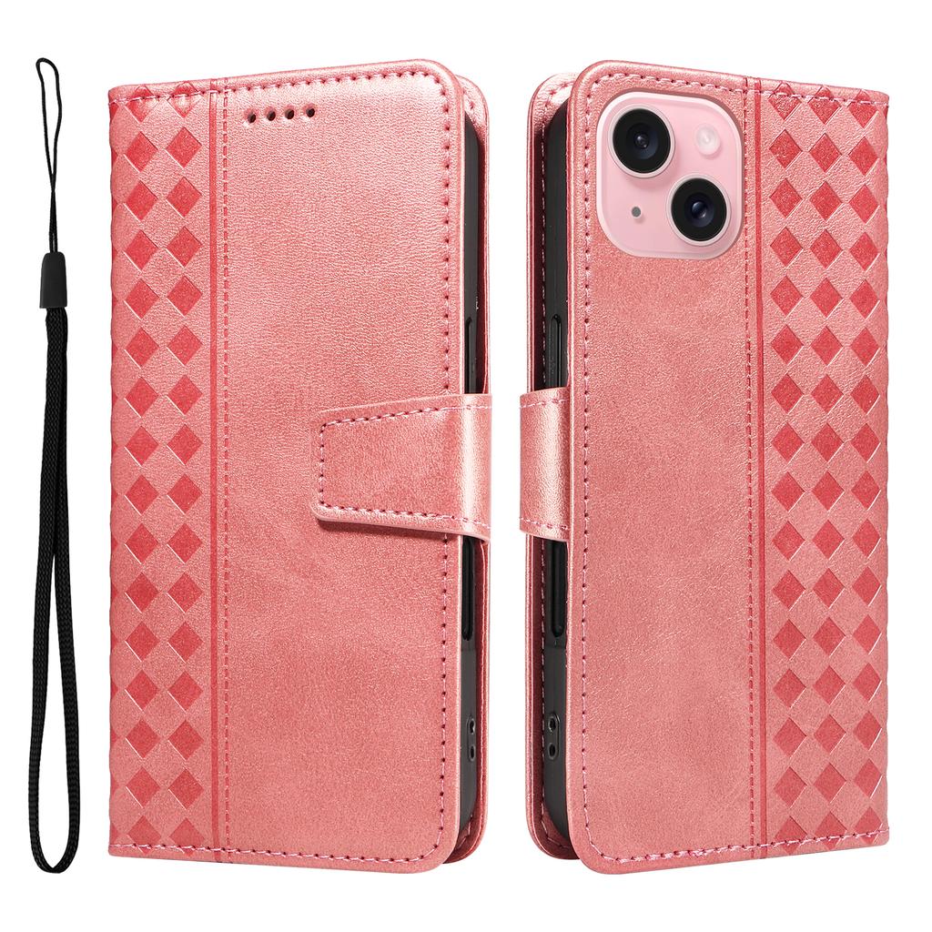 For iPhone 15 Leather Case Wallet Stand Grids Imprinted Phone Cover with Strap