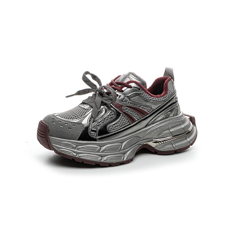 Leather dad shoes women's thick soles increase in height, small people show long legs, sports shoes 2025 spring breathable casual jogging shoes