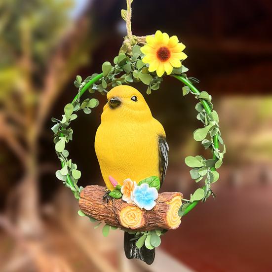 Bird On Wreath Figurine Resin Bird Hanging Decoration Garden Tree Hanging Bird Statue for Patio Porch Terrace Windows