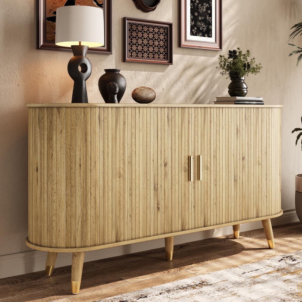 Sideboard mit vertikaler Maserung, zwei Schiebetüren, zwei Schubladen, Beine aus Massivholz und Eckschrank mit abgerundeten Ecken für das Wohnzimmer.