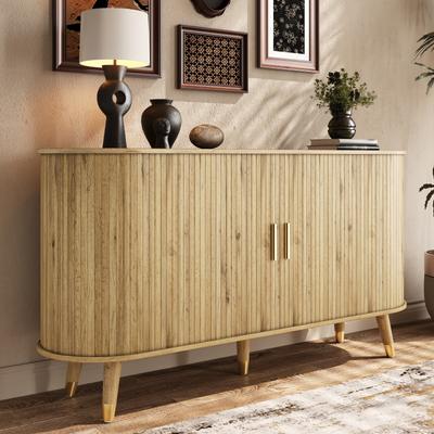Sideboard mit vertikaler Maserung, zwei Schiebetüren, zwei Schubladen, Beine aus Massivholz und Eckschrank mit abgerundeten Ecken für das Wohnzimmer.