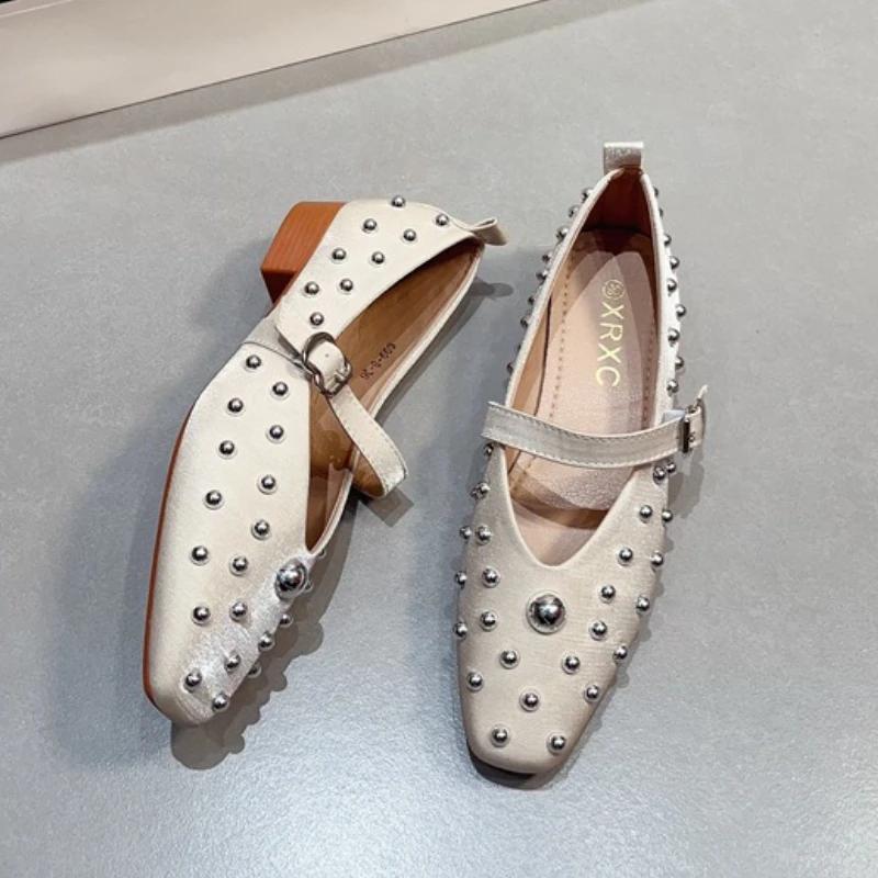 Fashion Luxury Metal Rivet Decoration Low-heeled Shoes Women Fashion Square Toe Buckle Brand Designer Shoes Elegant Comfort Office Shoes