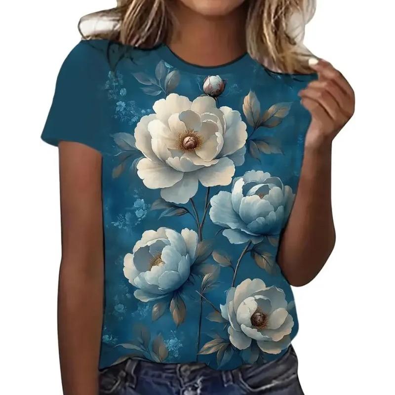 Summer Round Neck Flower Print Comfortable Fashionable Oversized Breathable Casual Women's T-shirt