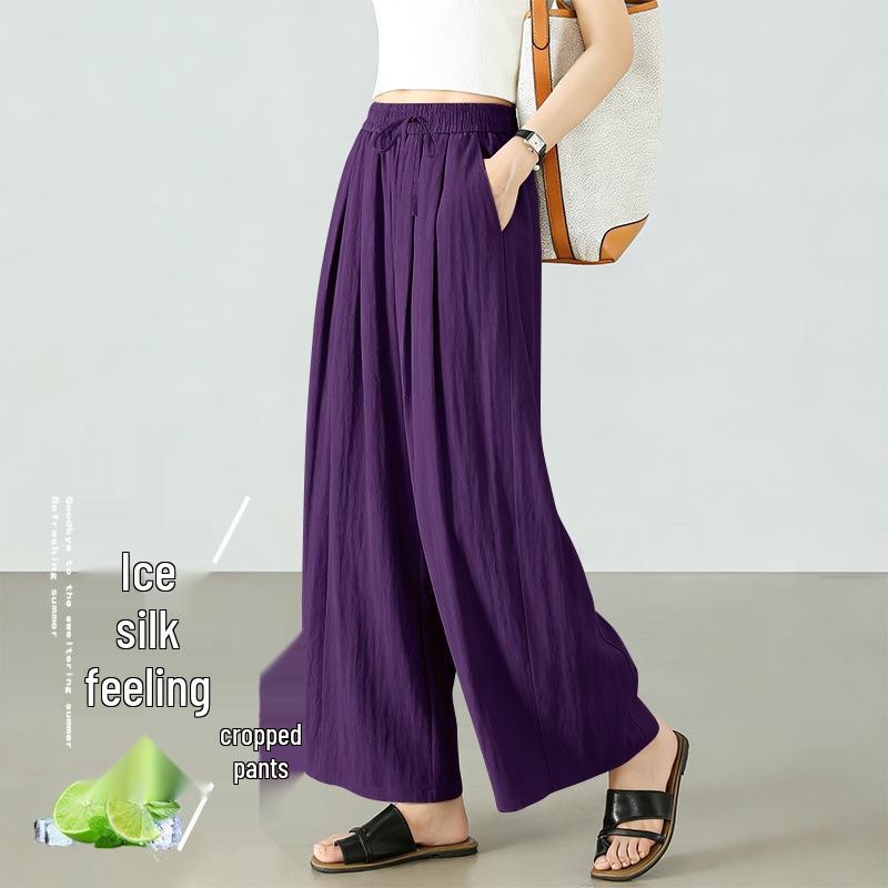 Women's Summer Ice Silk Cropped Loose-Fit Plus Size Pants, Elastic Waist & Petite 8-Point Casual Thin Pants
