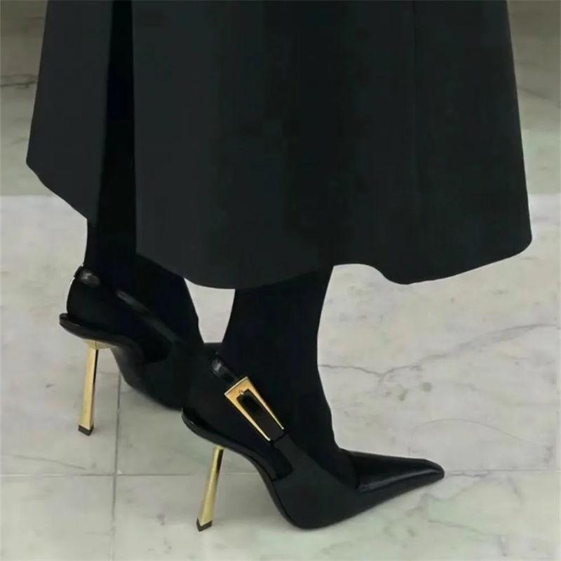 24 early spring small gold bar sandals shallow mouth square head patent leather side empty bag head super high heel metal buckle pointed fashion women